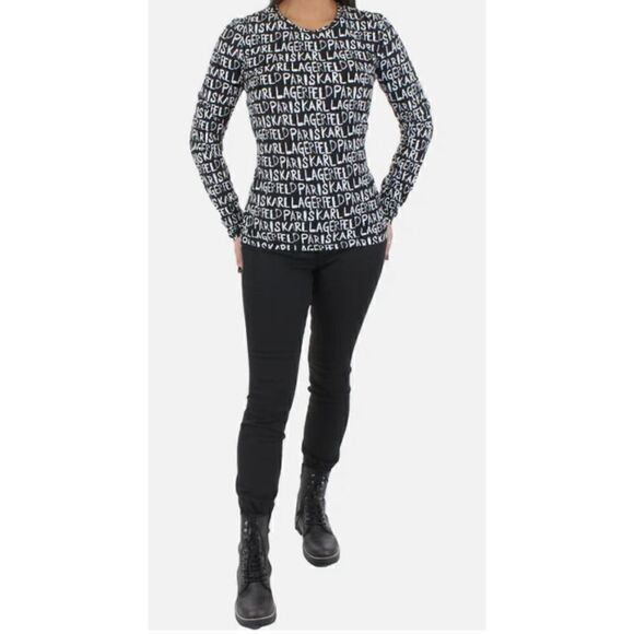 Karl Lagerfeld Paris Black Printed Graphic Long Sleeved T NWT Size Small - Picture 1 of 9